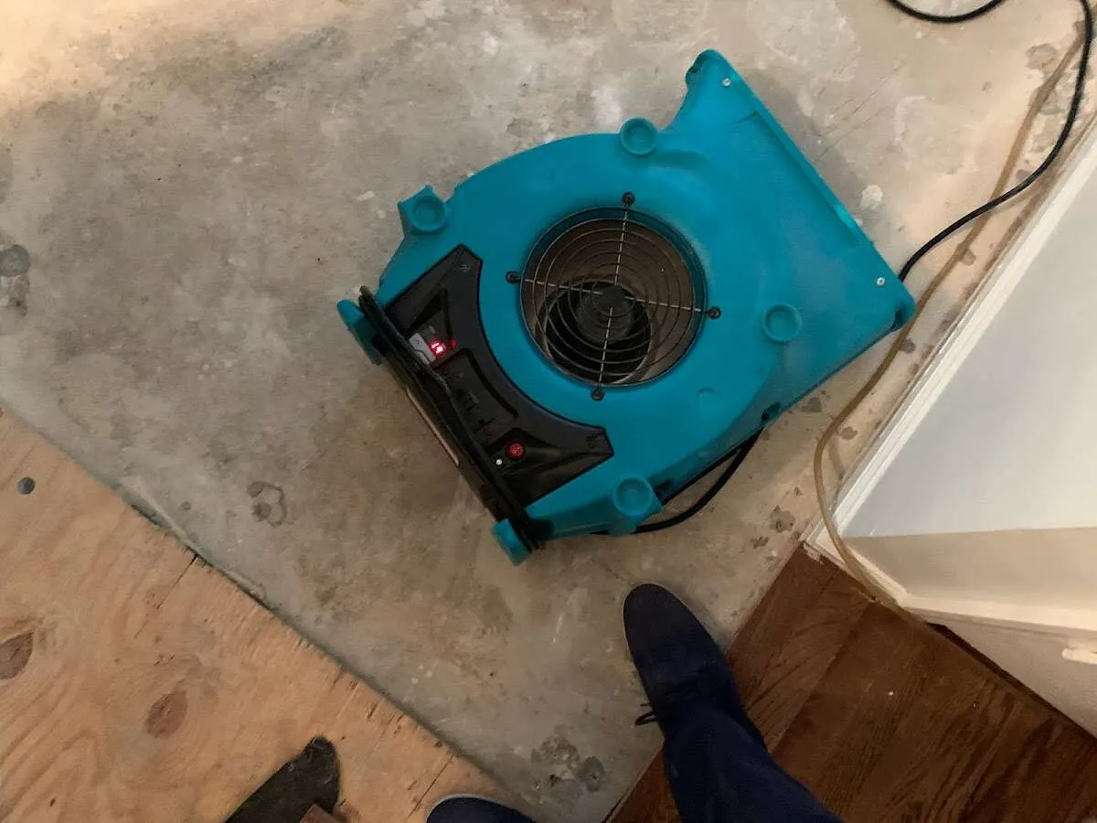 Air mover drying subfloor during Commercial Water Damage Restoration in New Bern